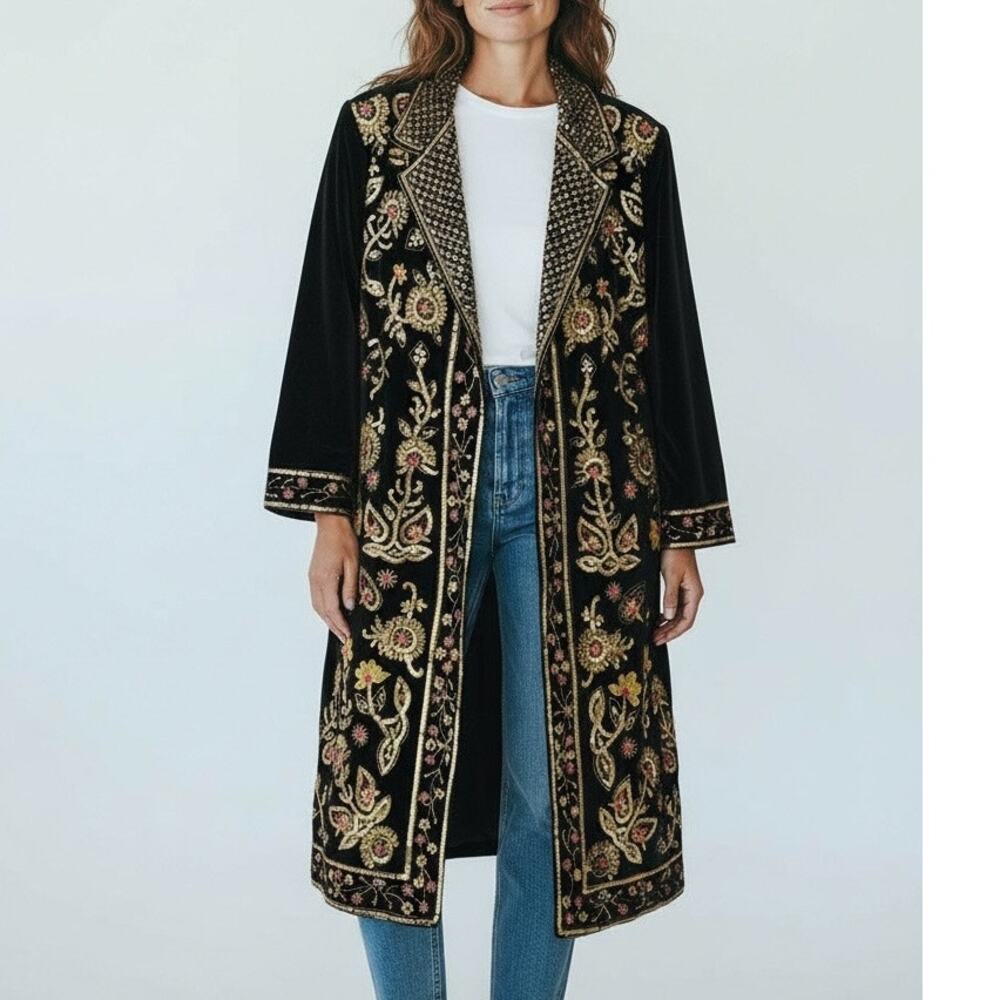 Sandy Starkman Vintage Embroidered Velvet Long Coat Size L - Picture 2 of 14